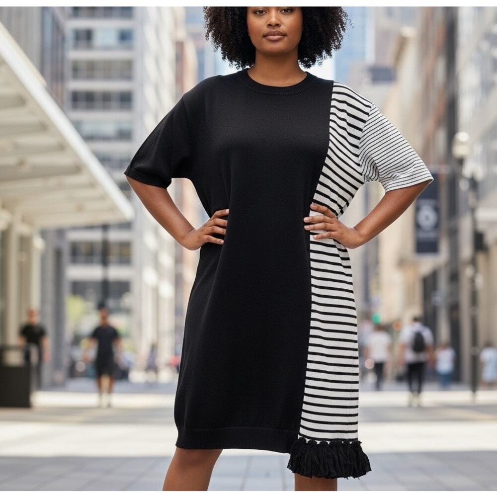Clu Blue Stripe Shift Dress SIZE 2X Work Short Sleeve Asymmetric Designer $400